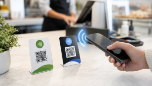 Google Review NFC cards lifespan with smartphone tap on a retail counter