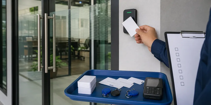 RFID access card samples tested near a door reader before bulk ordering