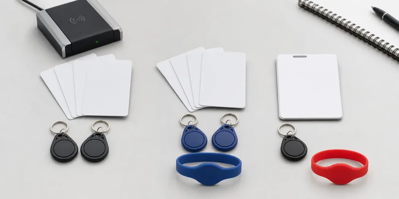 RFID cards, key fobs, and wristbands arranged for access control credential selection