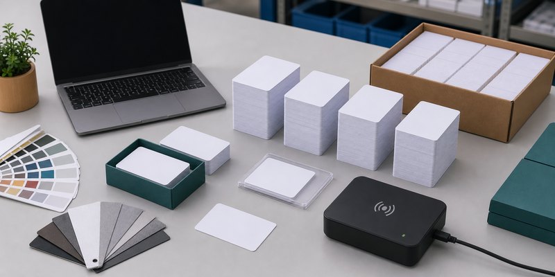Bulk blank NFC review cards prepared for printing and encoding