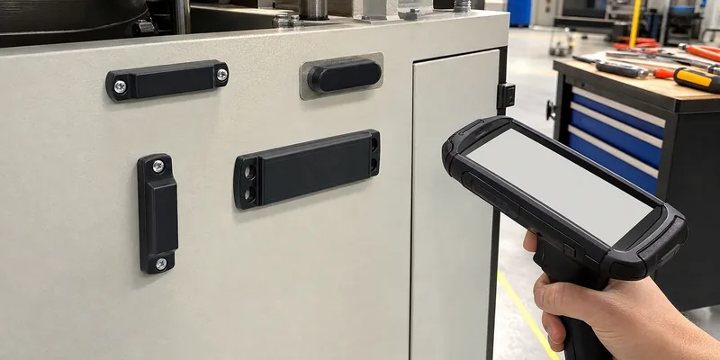 Anti-metal RFID tags mounted on industrial equipment during a practical RFID read test