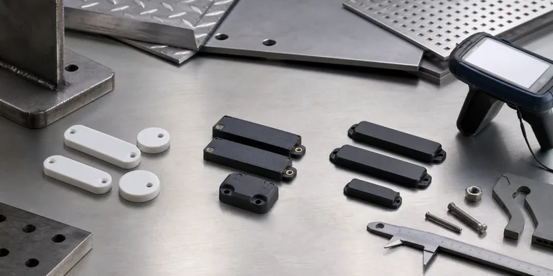 RFID ceramic, PCB, and ABS anti-metal tag samples for industrial buyer comparison