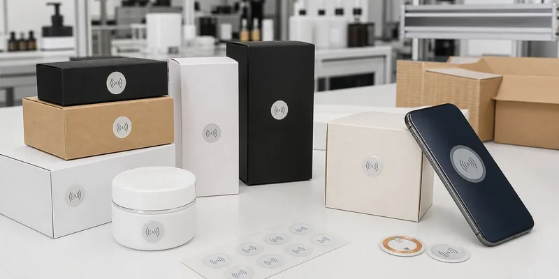 NFC tags applied to retail product packaging for smartphone tap interaction