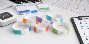 RFID paper wristbands for event access planning with reader and sample credentials