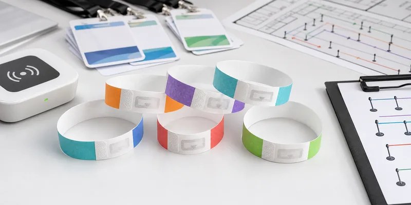 RFID paper wristbands for event access planning with reader and sample credentials