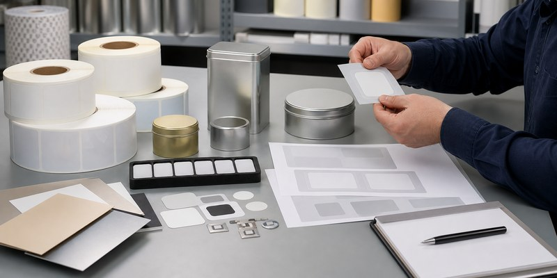 Custom NFC anti-metal sticker samples prepared for material and encoding approval