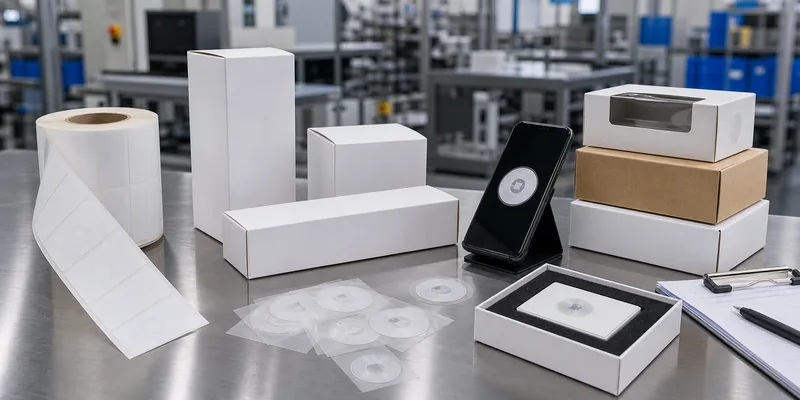 NFC packaging samples prepared for label roll and smartphone tap testing