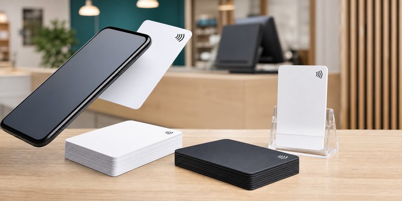 Blank NFC Google review cards and smartphone on a retail counter for bulk order planning