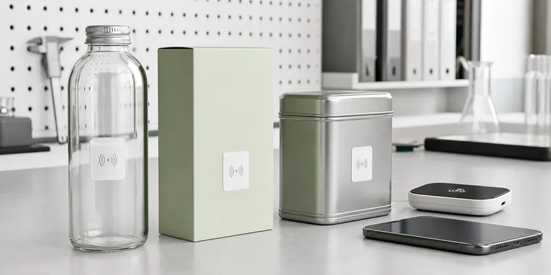 NFC label placement comparison on glass paperboard and metal packaging