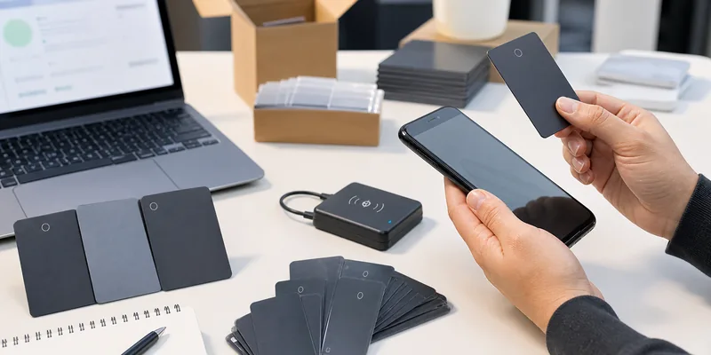 NFC menu card samples tested with a smartphone and reader before bulk ordering