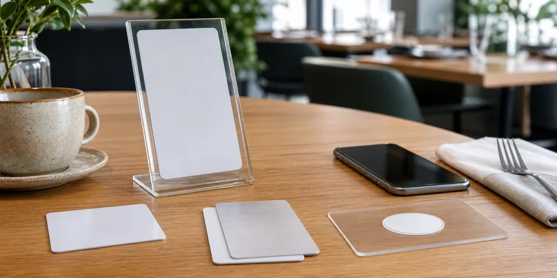 NFC menu card placement options on a restaurant tabletop and acrylic holder