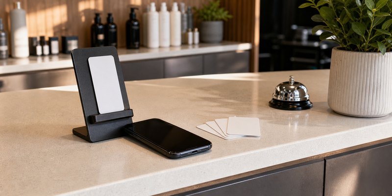 NFC review card stand and smartphone arranged on a reception counter for tap testing