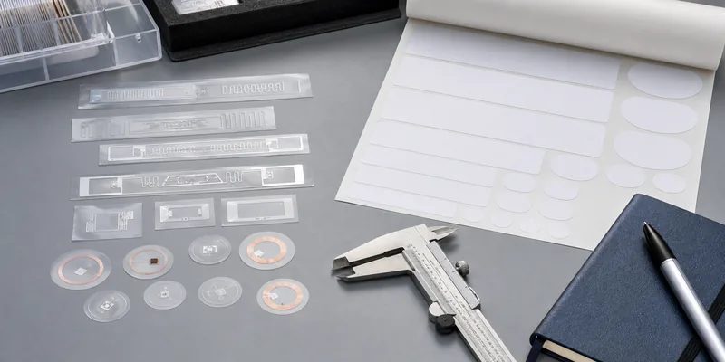 RFID inlay samples compared with finished adhesive RFID label sheets
