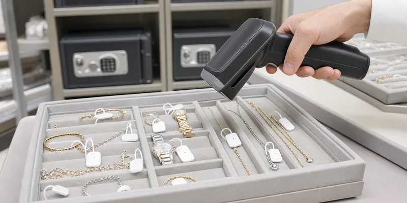 RFID jewelry inventory scan testing with tagged trays and handheld reader