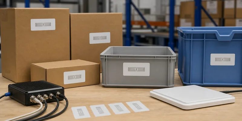 RFID adhesive labels tested on cartons and plastic bins with reader antenna