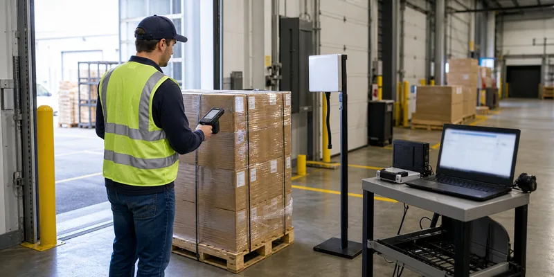 Warehouse RFID pallet tag read-zone testing with handheld and fixed readers