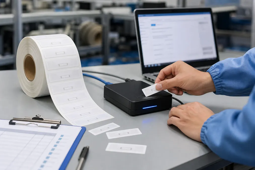 Roll-format RFID sticker labels prepared for encoding and sample testing