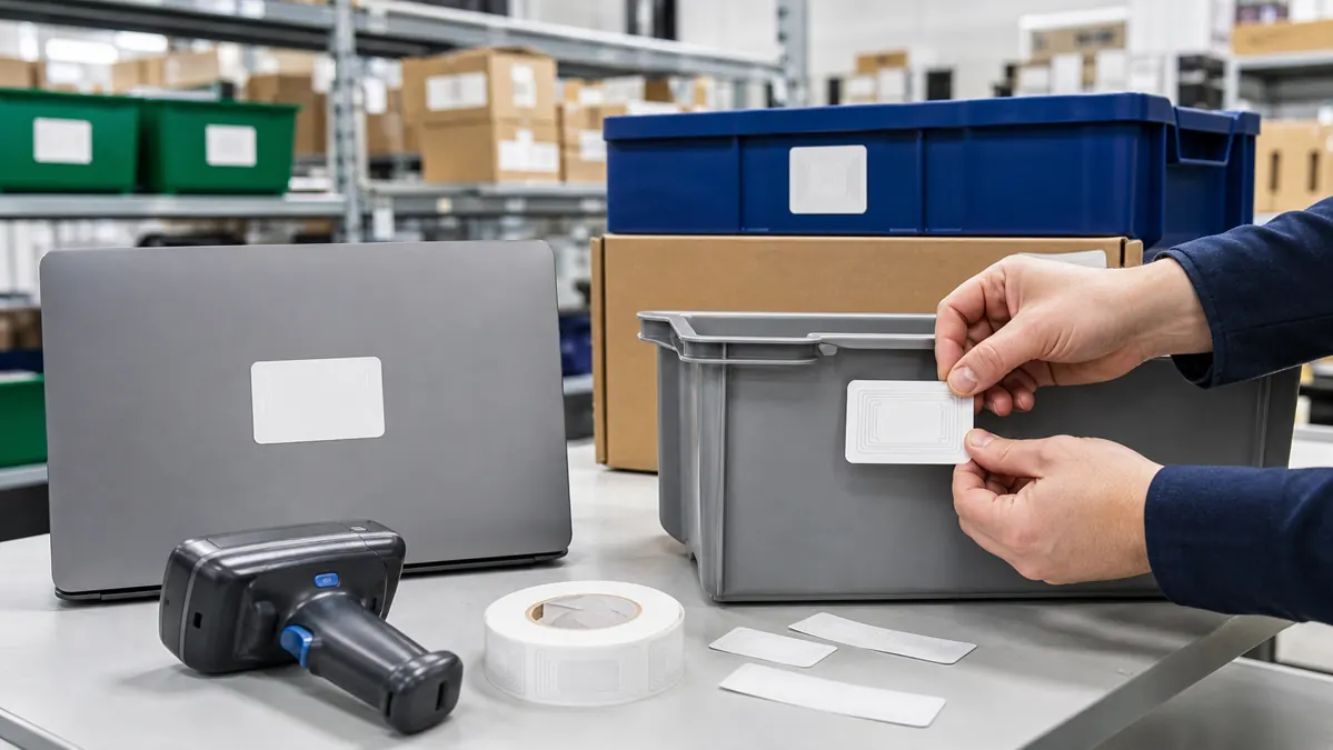 RFID stickers for asset tracking applied to warehouse and office assets