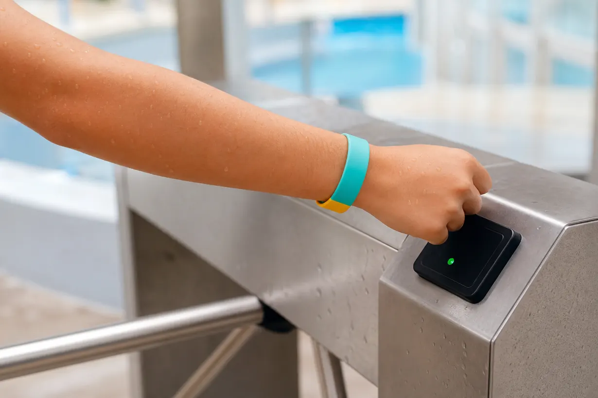 RFID wristband tapped on a water park access control reader