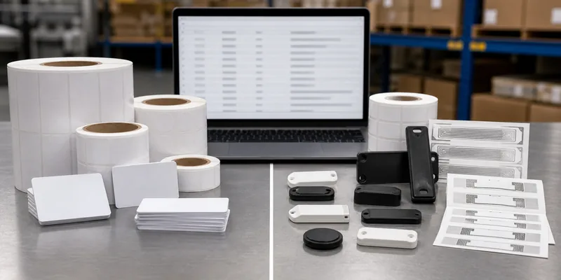 Custom RFID tags and stock RFID tag samples compared on an industrial review desk