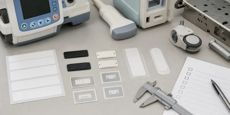 RFID medical equipment tag samples compared for plastic metal and curved surfaces