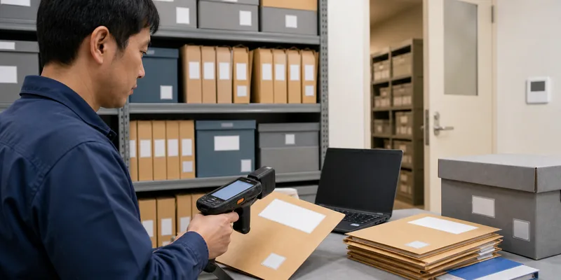 RFID file tracking sample test with labeled folders and handheld reader