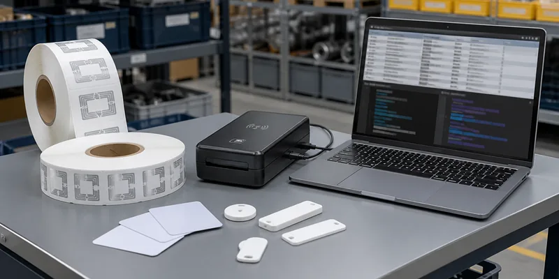 RFID tag encoding workstation with RFID labels cards and reader for bulk order preparation