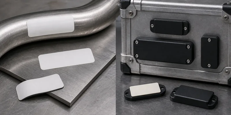 UHF flexible anti-metal label and hard anti-metal RFID tag compared on metal assets